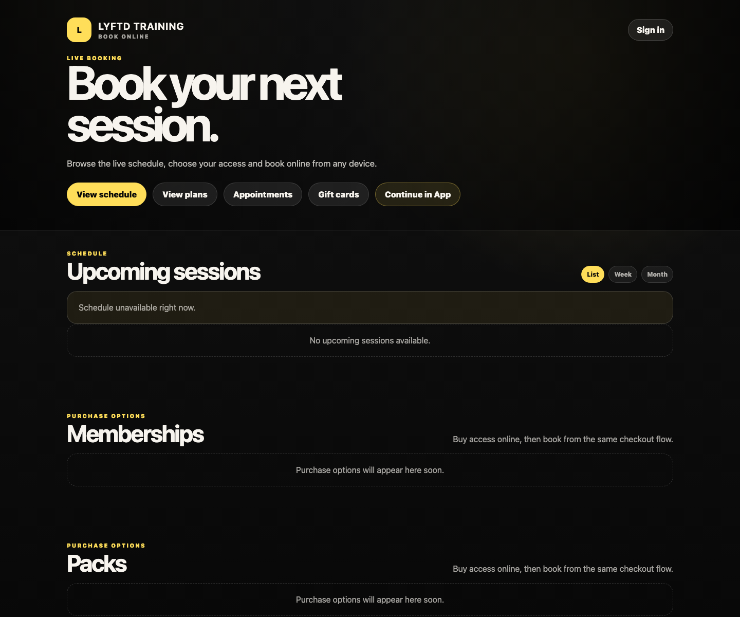 Klubify browser booking page with schedule, memberships, packs and booking navigation